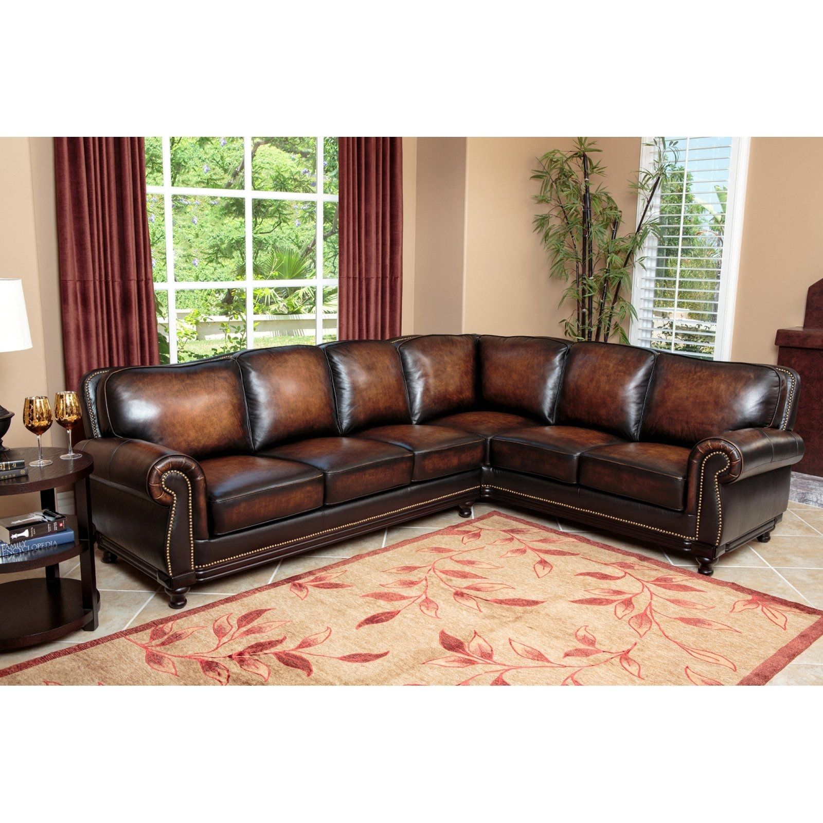 Abson Nizza Hand Rubbed Leather Sectional Sofa Brown In Abbyson Sectional Sofa (View 3 of 12)