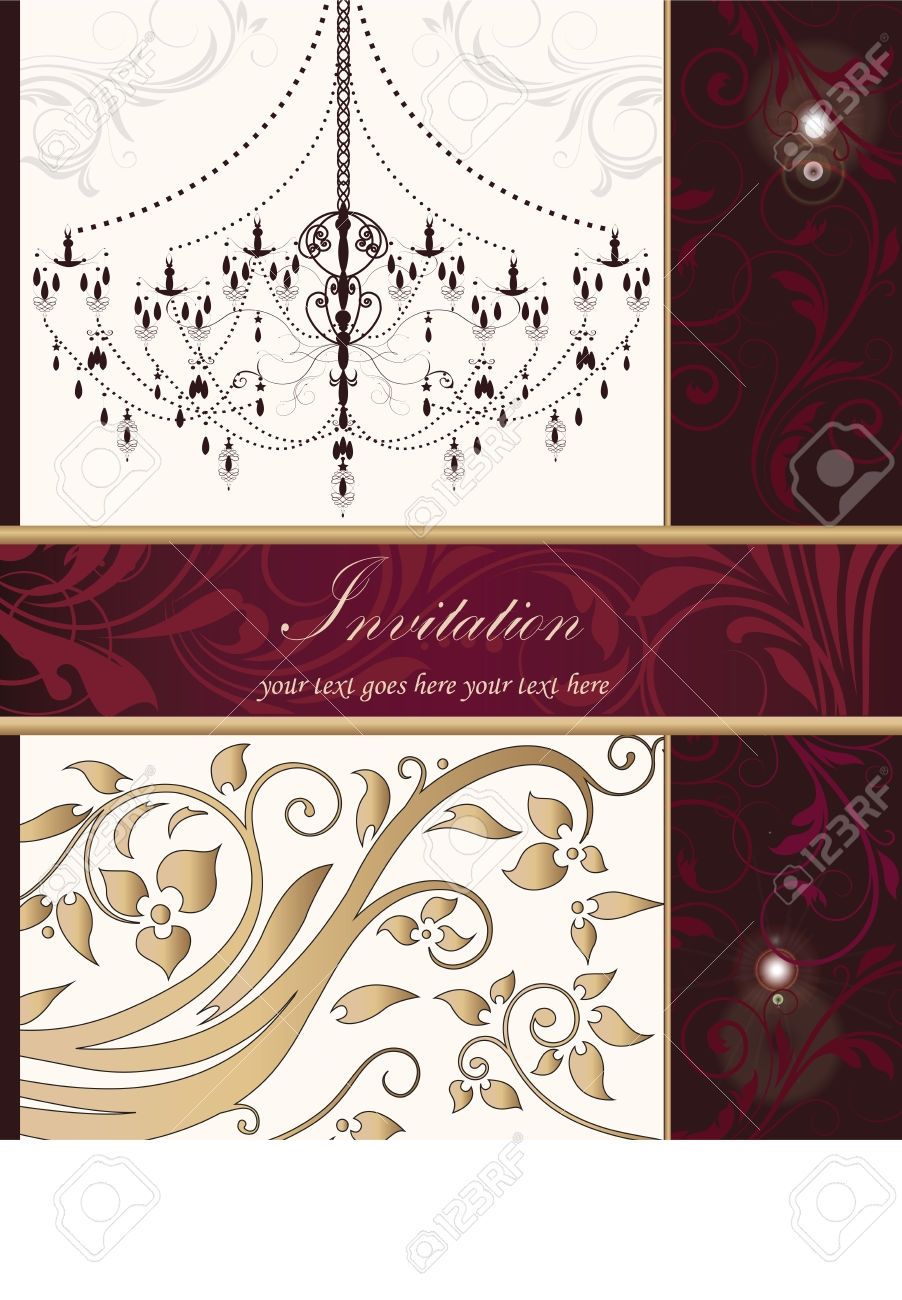 Vintage Invitation Card With Ornate Elegant Retro Abstract Floral With Fuschia Chandelier (Photo 10 of 12)