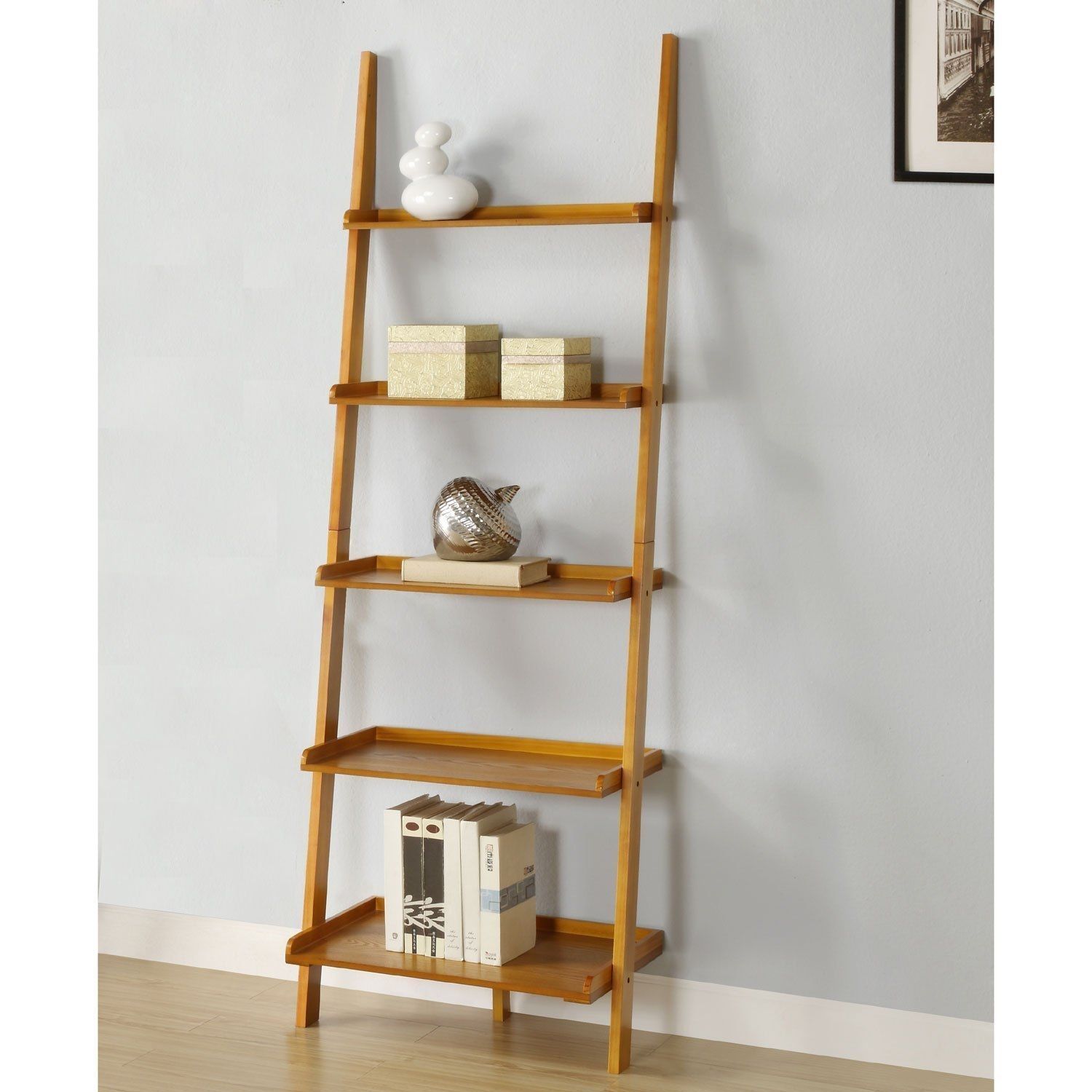 Amazon Mintra Oak Finish 5 Tier Ladder Book Shelf Kitchen In Ladder Bookcase (Photo 1 of 15)