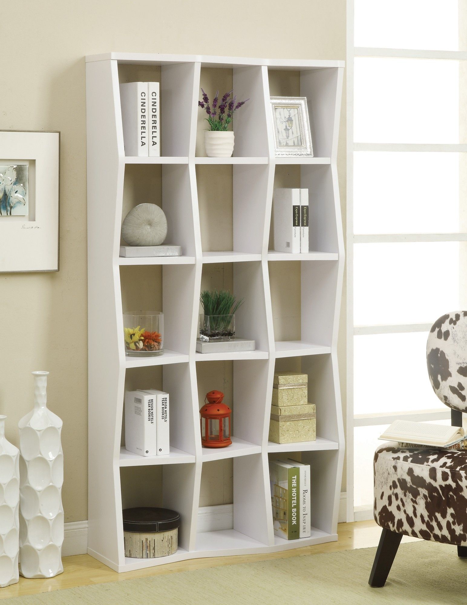Backless Bookshelf W Fiften Compartments In White Finish With Backless Bookshelf (View 7 of 15)