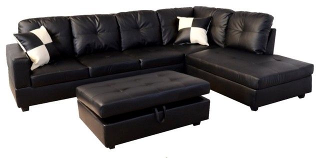 Black Faux Leather Sectional Sofa With Storage Ottoman Sectional Regarding Leather Storage Sofas (View 11 of 15)