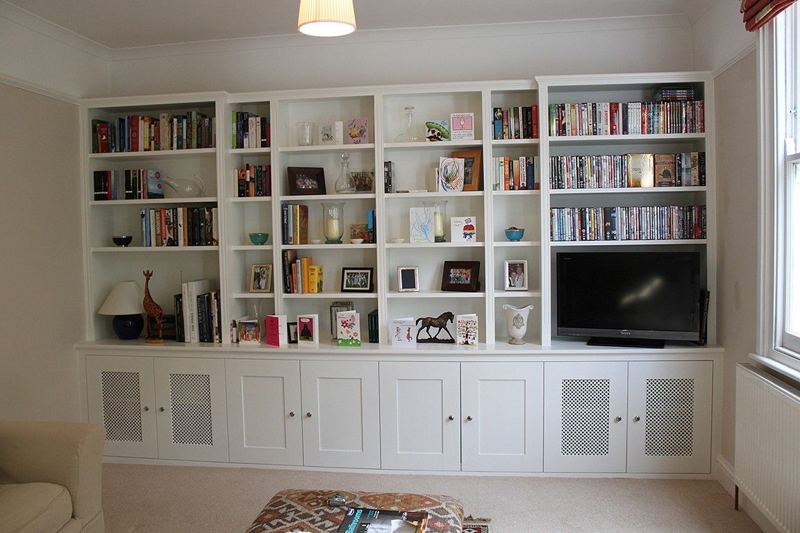 white living room bookcases