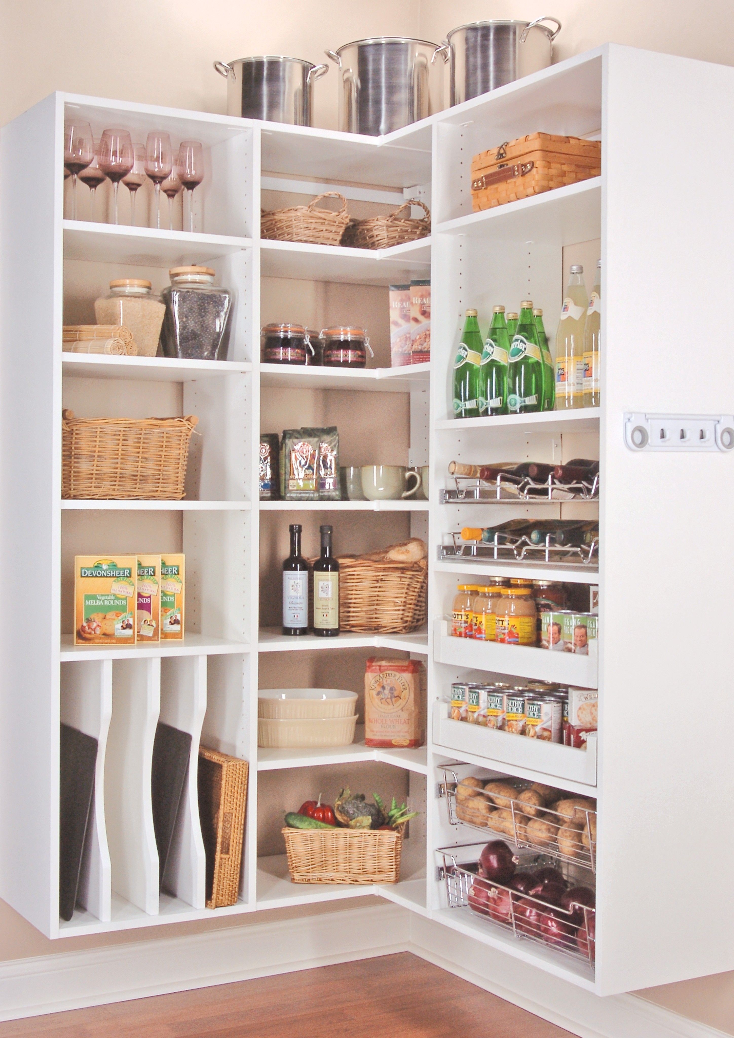 Corner White Wooden Floating Pantry Cabinet With Many Shelves Within Free Standing White Shelves (View 15 of 15)
