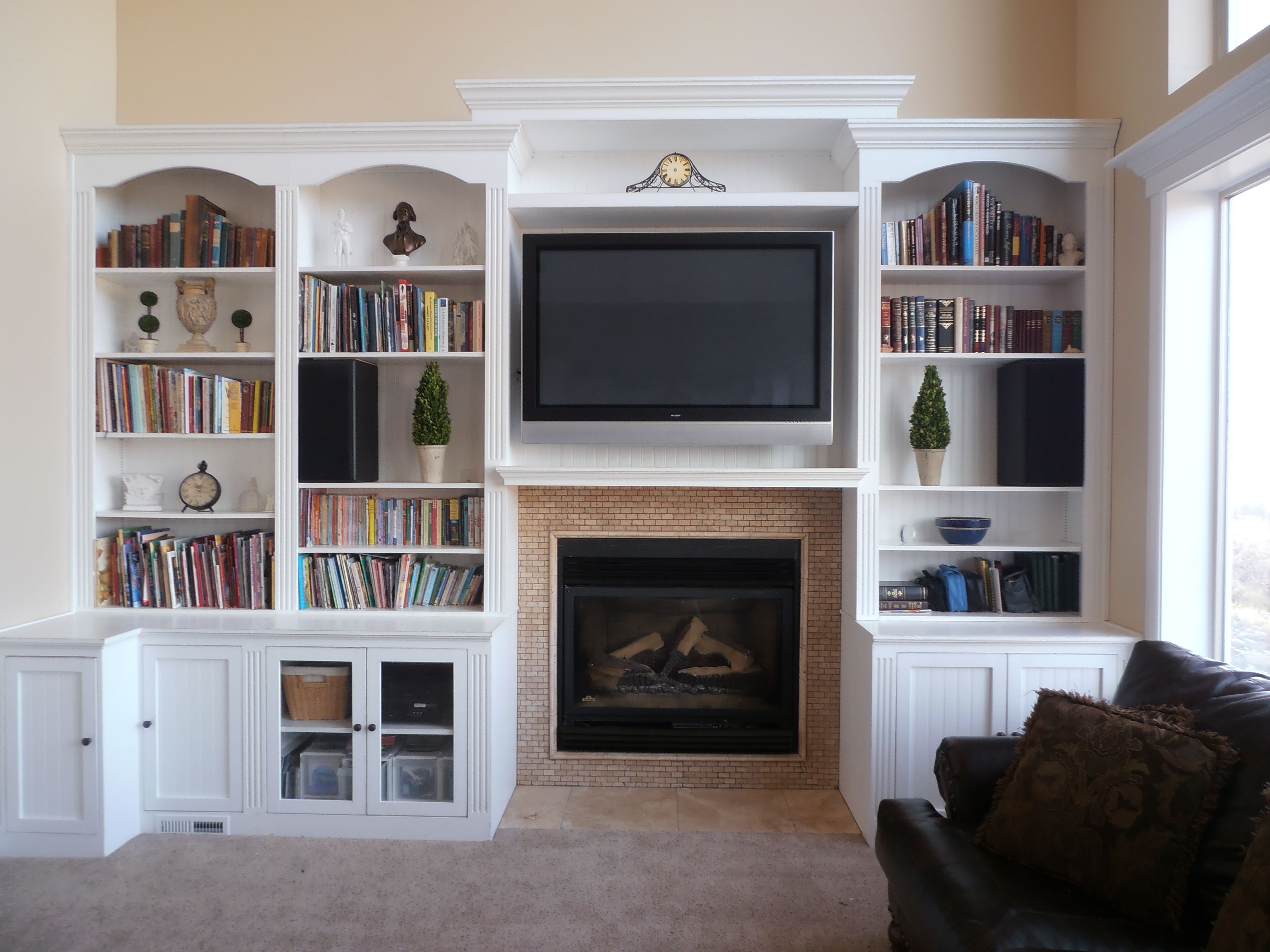 Fireplace With Hearth Center Bookcases On Sides Entertainment For Bookcase With Tv Shelf (View 12 of 15)