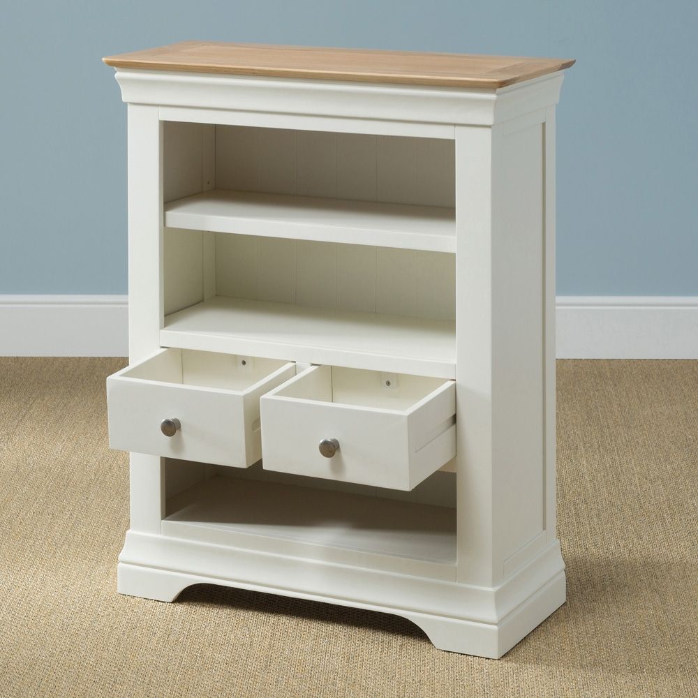 French Country Cream Painted Oak Small 3ft Bookcase With 2 Drawers Regarding Painted Oak Bookcase (Photo 10 of 15)