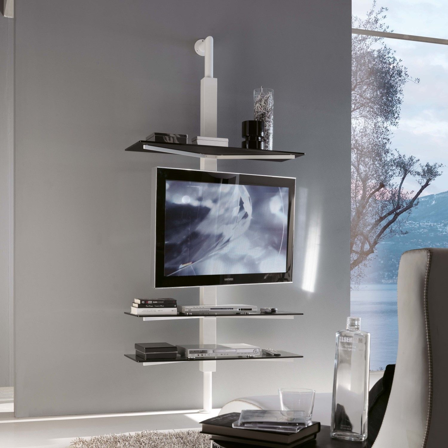 Kino Swivel Tv Stand With Glass Shelves Arredaclick Porta Tv Throughout Glass Shelves For Living Room (View 8 of 12)