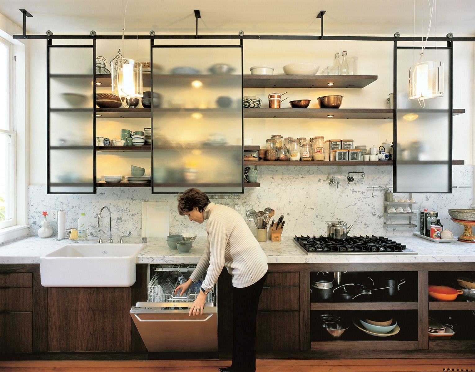 glass kitchen shelves light