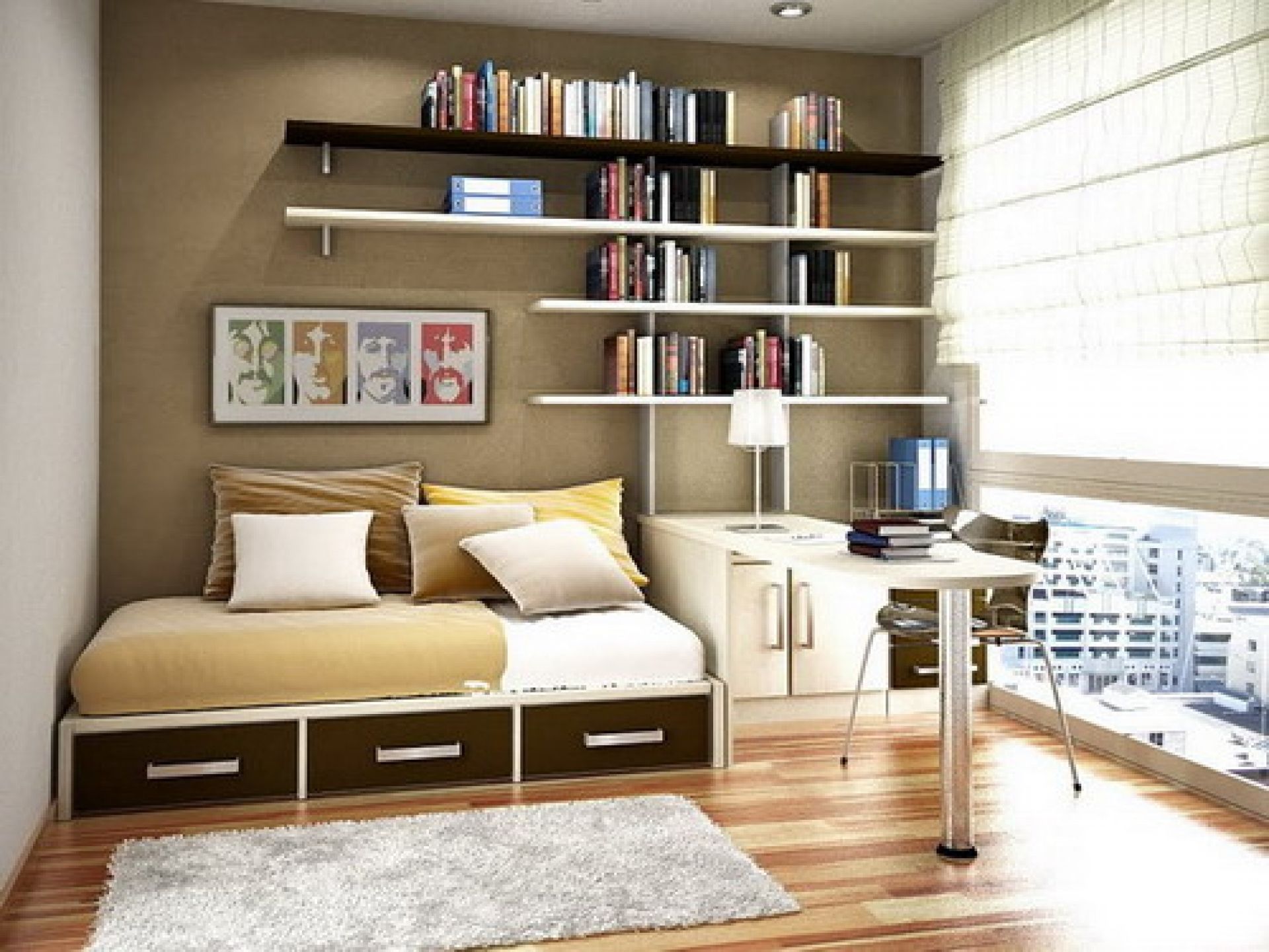Modish Floating Bookshelves Over Sleeper Couch Storage And In Study Shelving Ideas (View 3 of 15)