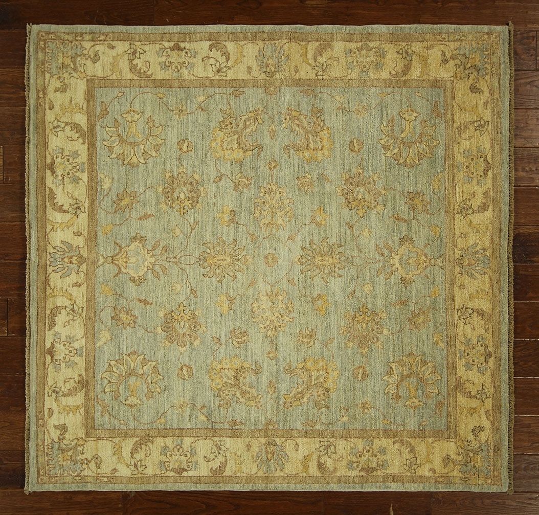 New 5 Square Pakistan Peshawar Soft Blue Chobi Hand Knotted Wool Inside Square Wool Area Rugs (Photo 13 of 15)