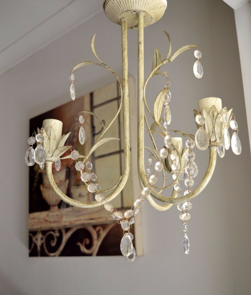 Shab Chic Vintage 3 Arm Glass Crystal Drop Ceiling Chandelier Regarding Cream Gold Chandelier (View 9 of 12)