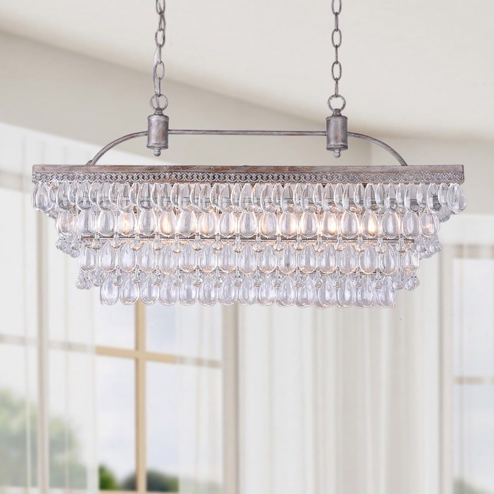 The Lighting Store Antique Silver 6 Light Rectangular Glass In Glass Droplet Chandelier (Photo 9 of 12)