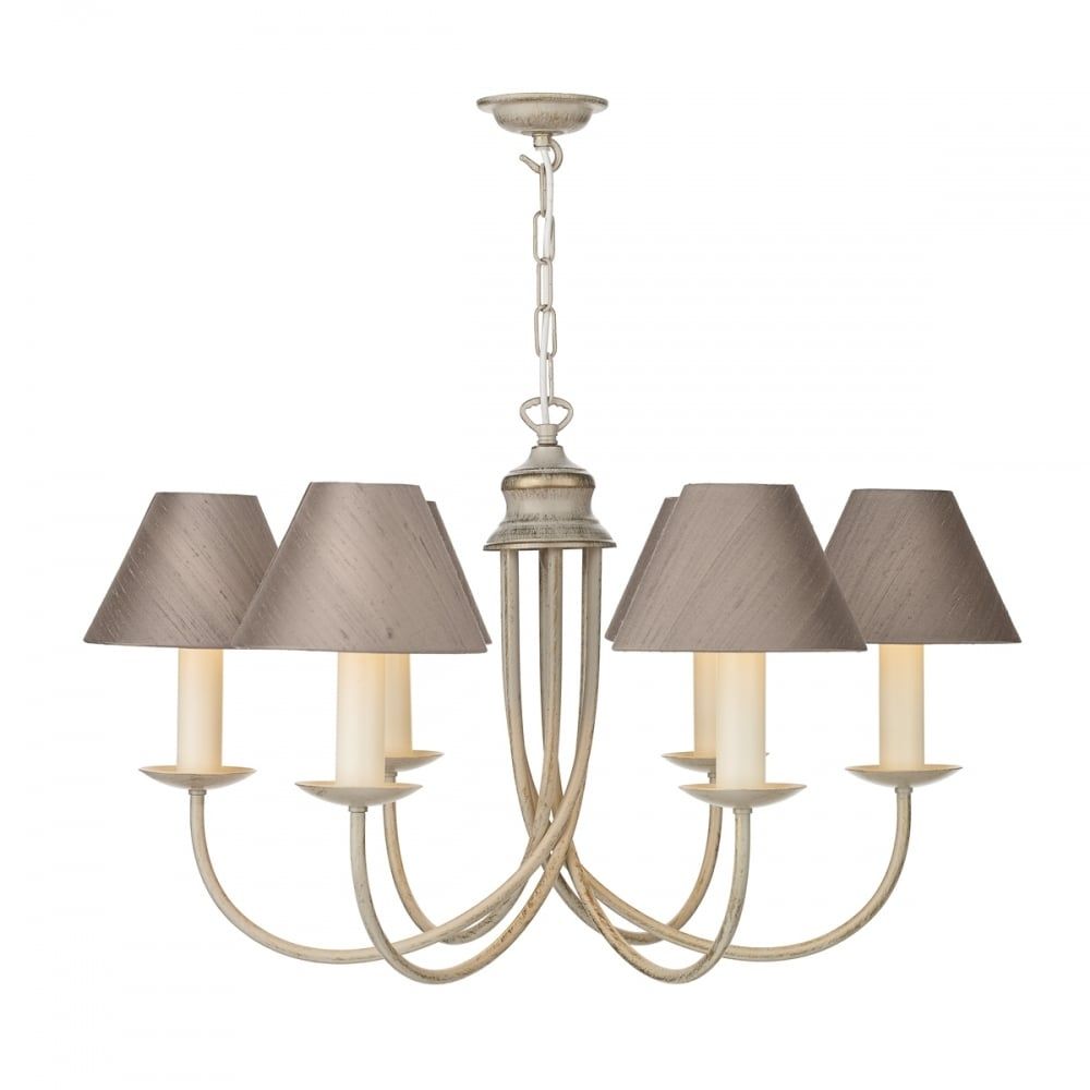 Traditional Long Drop 5 Light Creamy Gold Chandelier With Silk Shades Intended For Cream Gold Chandelier (View 4 of 12)