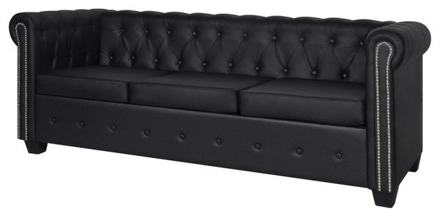 Vidaxl Artificial Leather Chesterfield 3 Seater Sofa Black Throughout Chesterfield Black Sofas (View 13 of 15)