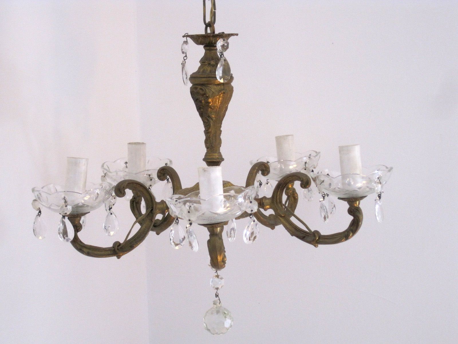 Vintage French Bronze Crystal Glass Ornate 5 Arm Chandelier Inside French Bronze Chandelier (Photo 8 of 12)