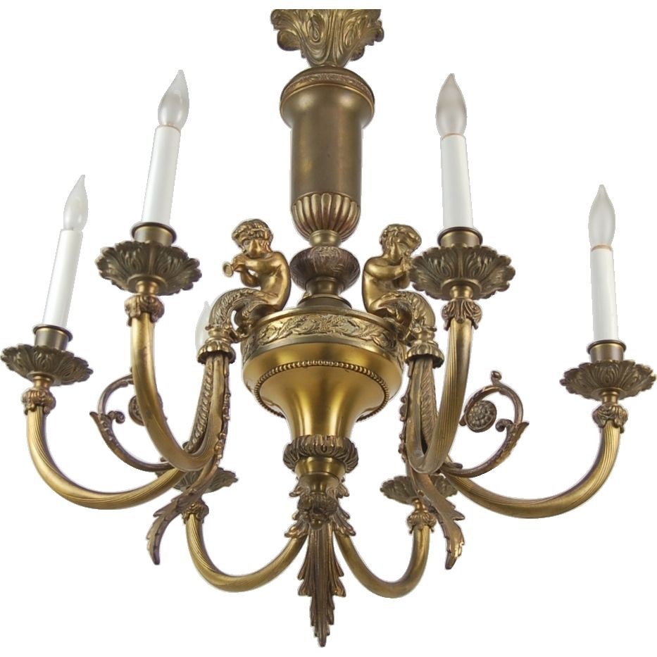 Vintage Romantic French Style Brass Musical Cherub Putti With Vintage Brass Chandeliers (Photo 2 of 12)