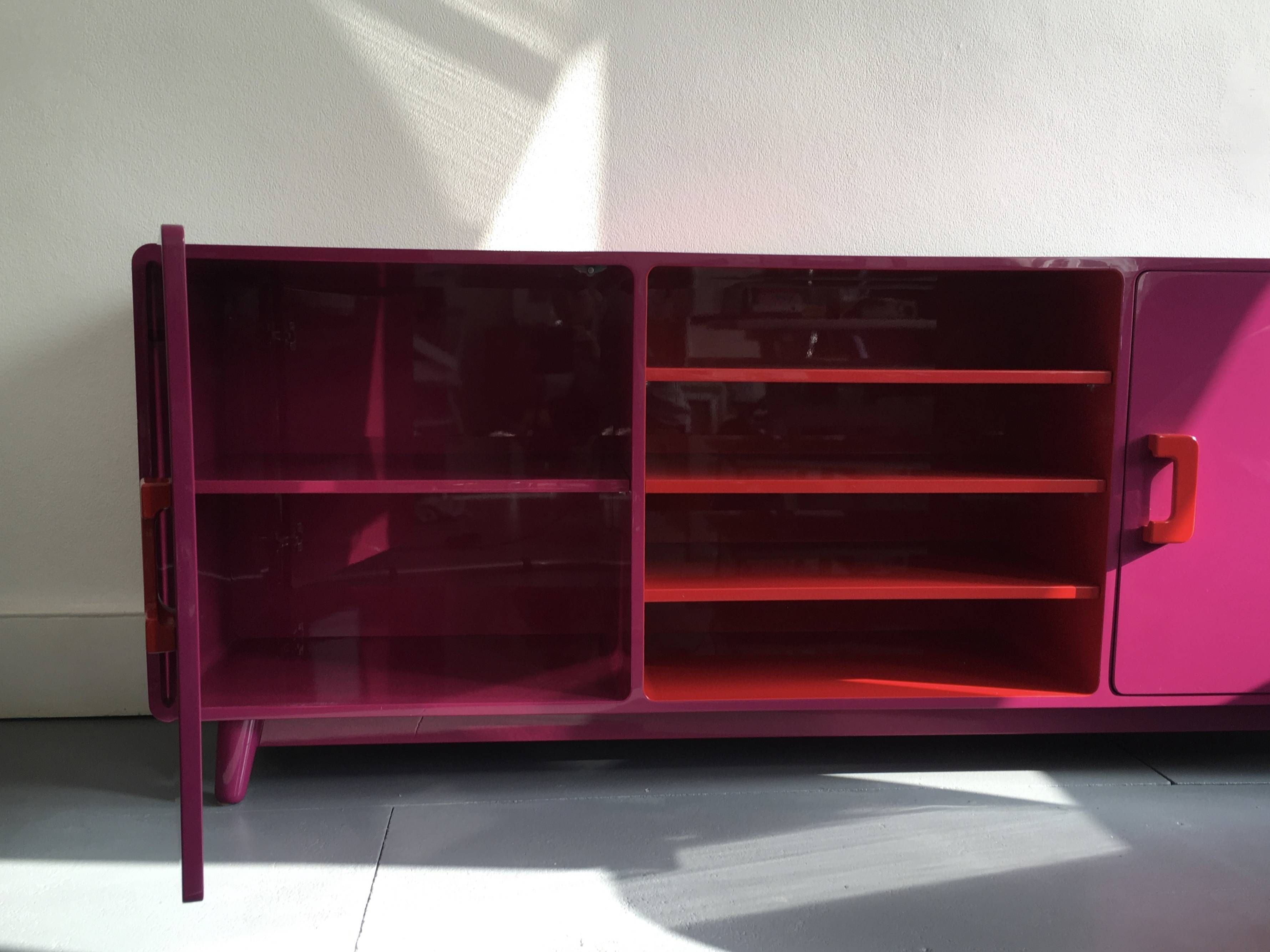 60's Inspired High Gloss Lacquered Sideboard In Hot Pink And Red For Red High Gloss Sideboard (Photo 7 of 20)