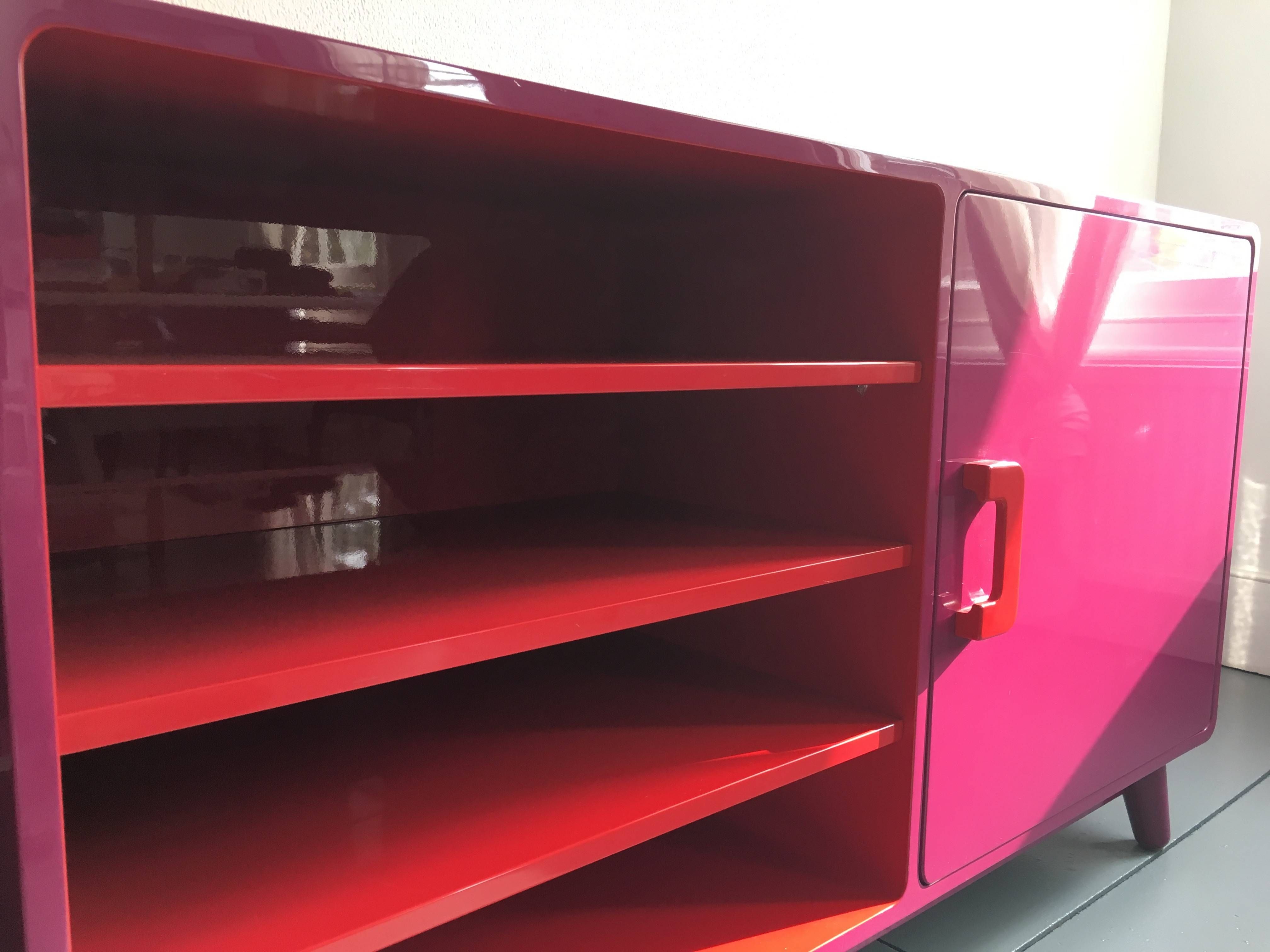 60's Inspired High Gloss Lacquered Sideboard In Hot Pink And Red Inside Red High Gloss Sideboard (Photo 15 of 20)