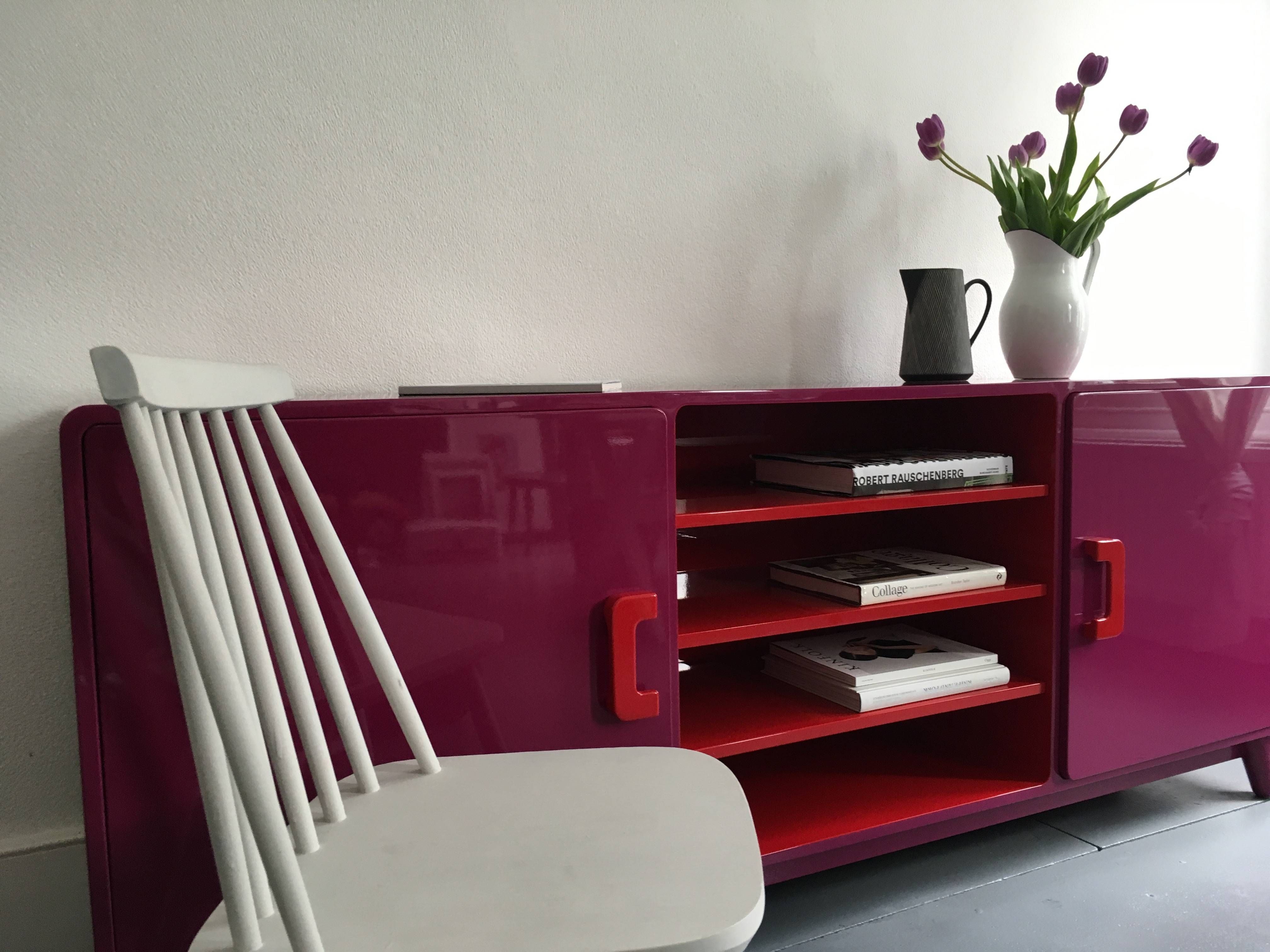 60's Inspired High Gloss Lacquered Sideboard In Hot Pink And Red With Regard To Red High Gloss Sideboard (View 11 of 20)