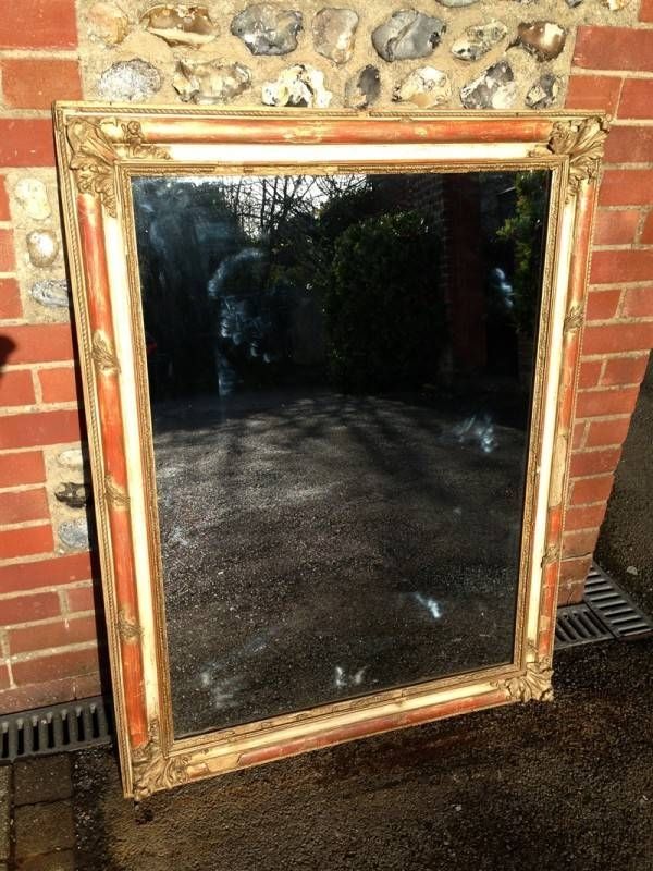 A Large Antique French Cream Gilt & Red Gesso Distressed Mirror With Regard To Cream Antique Mirrors (View 17 of 20)