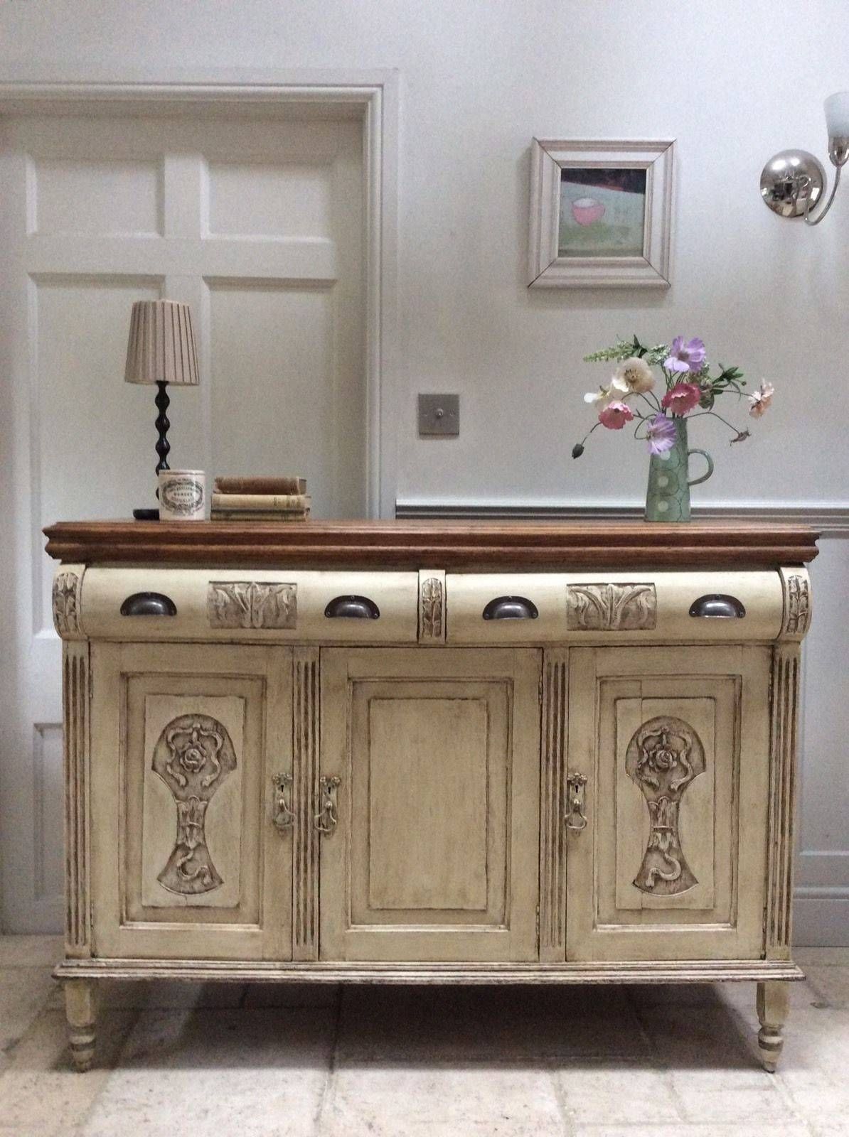 Antique Painted Sideboard Cream Server Cupboard Dresser Kitchen With Cream Kitchen Sideboard (Photo 9 of 20)