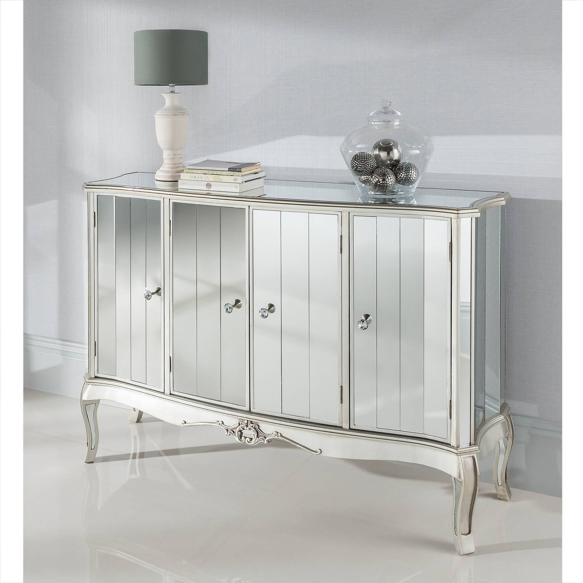 Argente Mirrored Four Door Sideboard | Mirrored Furniture Inside Mirrored Sideboard (Photo 8 of 20)