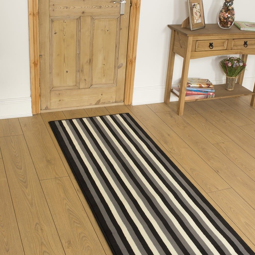 Black Grey Cream Hallway Carpet Runner Striped Intended For Hall Runners Grey (Photo 8 of 20)