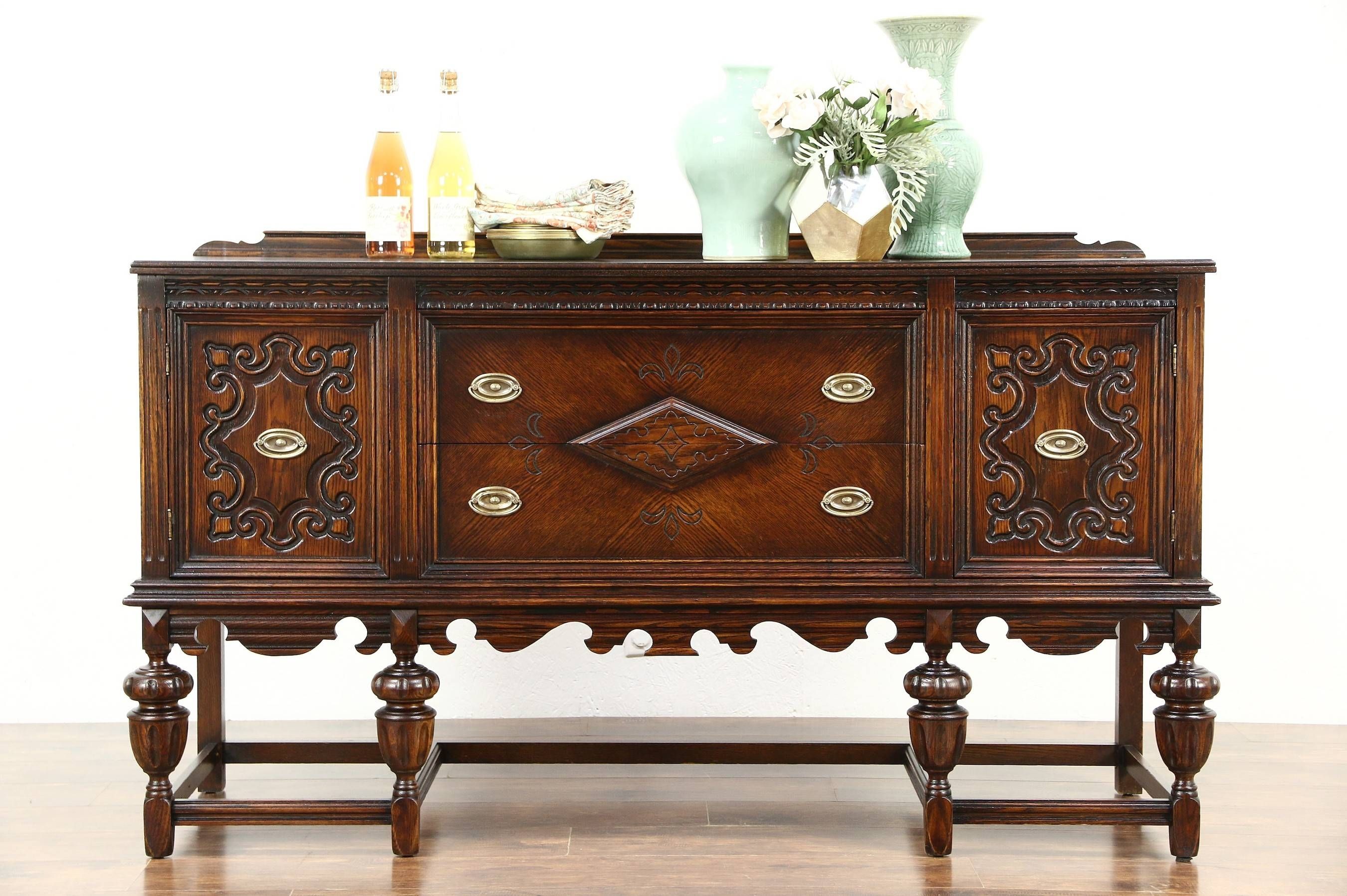 English Tudor 1920 Antique Carved Oak Sideboard, Server Or Buffet With Oak Sideboards And Buffets (Photo 11 of 20)
