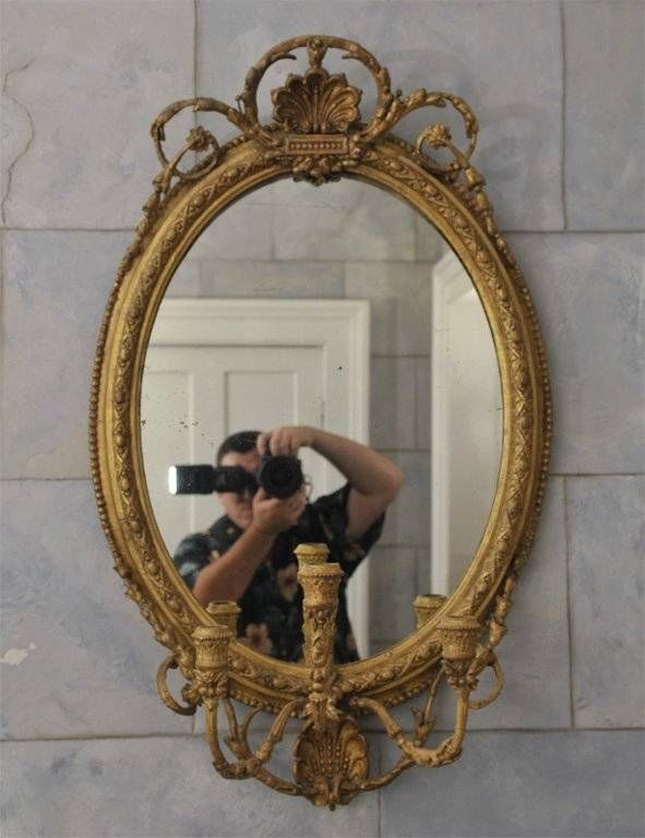 Gilded Oval Girandole Mirror With Triple Candelabra For Sale At Pertaining To Triple Oval Mirrors (Photo 16 of 20)
