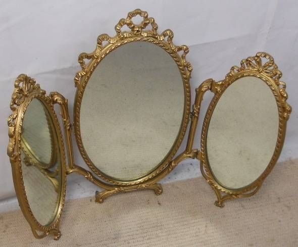 Gilt Metal Oval Triple Folding Dressing Mirrorpeerart – Sold Intended For Triple Oval Mirrors (Photo 8 of 20)