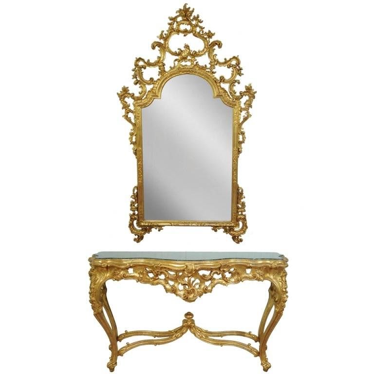 Labarge French Rococo Carved Wood Gold Gilt Marble Console Table With Regard To Gold Rococo Mirrors (View 7 of 20)
