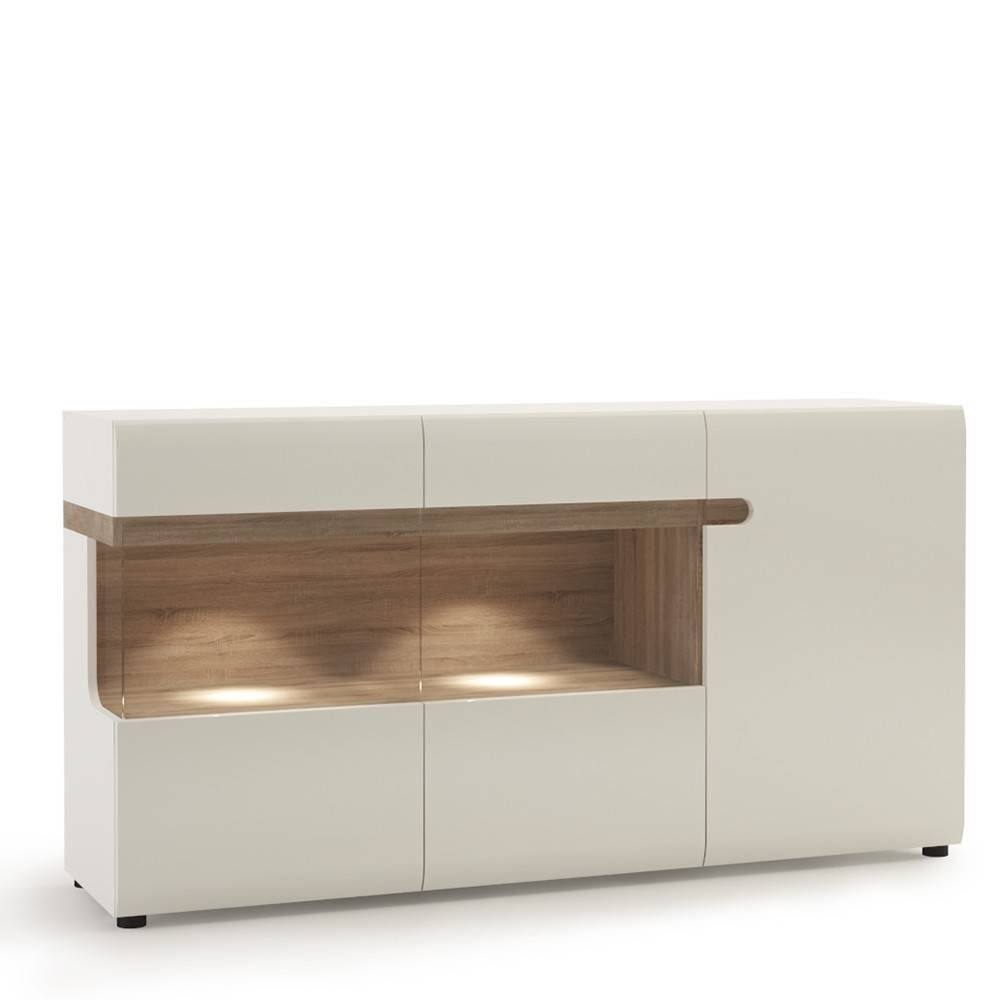 Living 3 Door Glazed Sideboard In White With An Truffle Oak Trim Pertaining To High Gloss Sideboards (View 10 of 20)