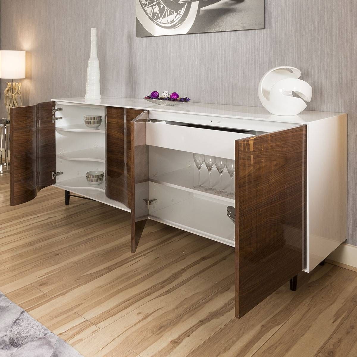 Luxury Large Modern Sideboard / Cabinet High Gloss Walnut/ White With Large Modern Sideboard (Photo 7 of 20)