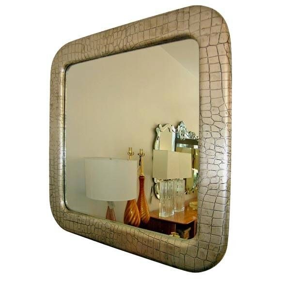 Milo Baughman / Thayer Coggin Large Silver Leafed Leather Mirror Intended For Large Leather Mirrors (Photo 24 of 30)