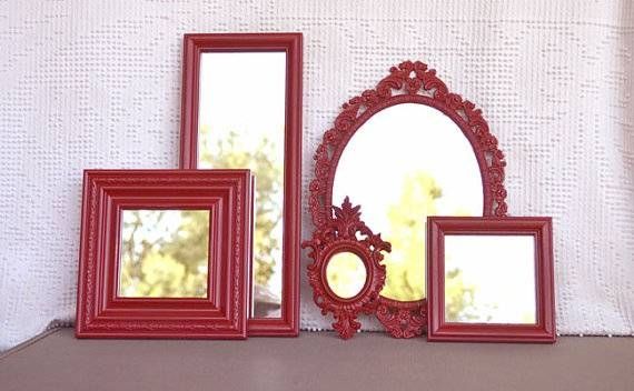 Mirrors Set Red Vintage Mirror Set Of 5 Upcycled Framed Red With Red Mirrors (View 12 of 20)