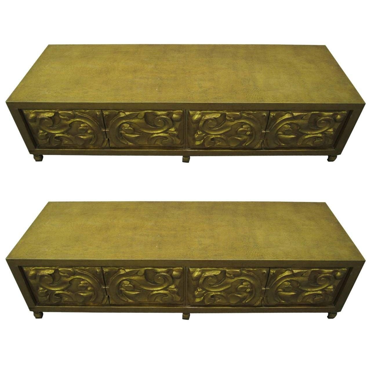 Modern Pair Of Gold Long, Low Carved Sideboards, Hollywood Regency Within Low Sideboards (View 5 of 20)