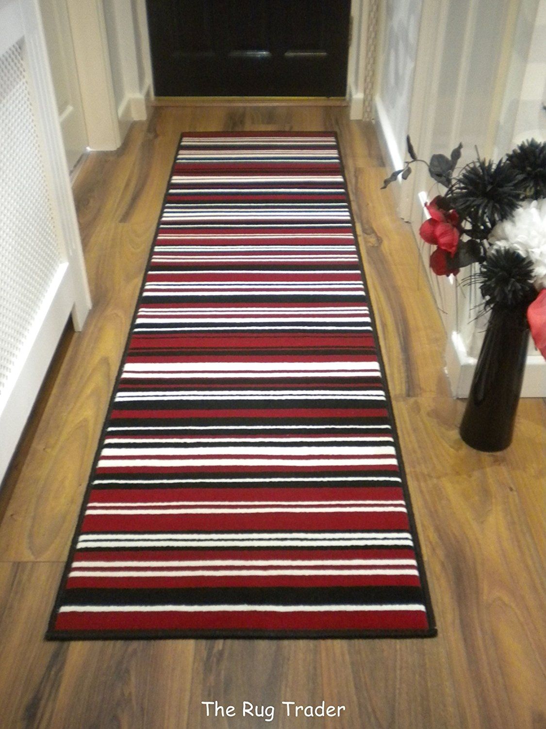 Modern Stripe Rug Red Black Hall Runner 60cm X 220cm Amazoncouk With Regard To Hall Runners And Rugs (View 15 of 20)