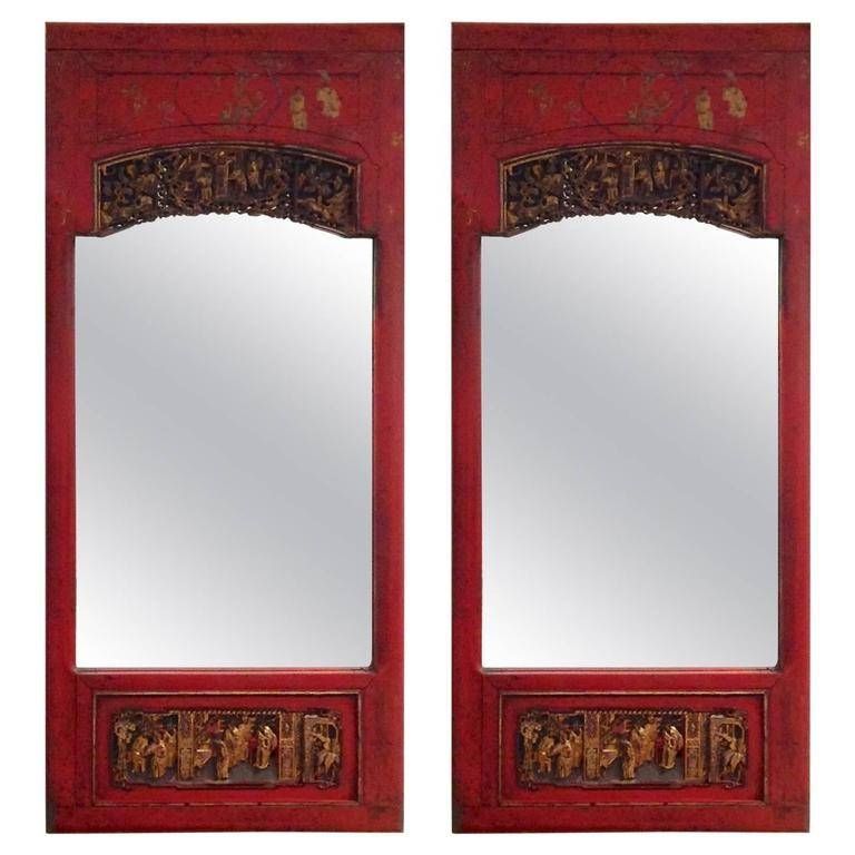 Pair Of Red Chinoiserie Chinese Mirrors For Sale At 1stdibs With Regard To Chinese Mirrors (Photo 13 of 20)