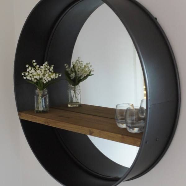 Retro Industrial Vintage Style Large Round Wall Mirror With Shelf With Regard To Retro Wall Mirrors (View 17 of 20)