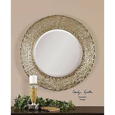 Round Wall Mirror Champagne Frame Metal Rattan Living Room Decor Throughout Champagne Wall Mirrors (Photo 5 of 20)