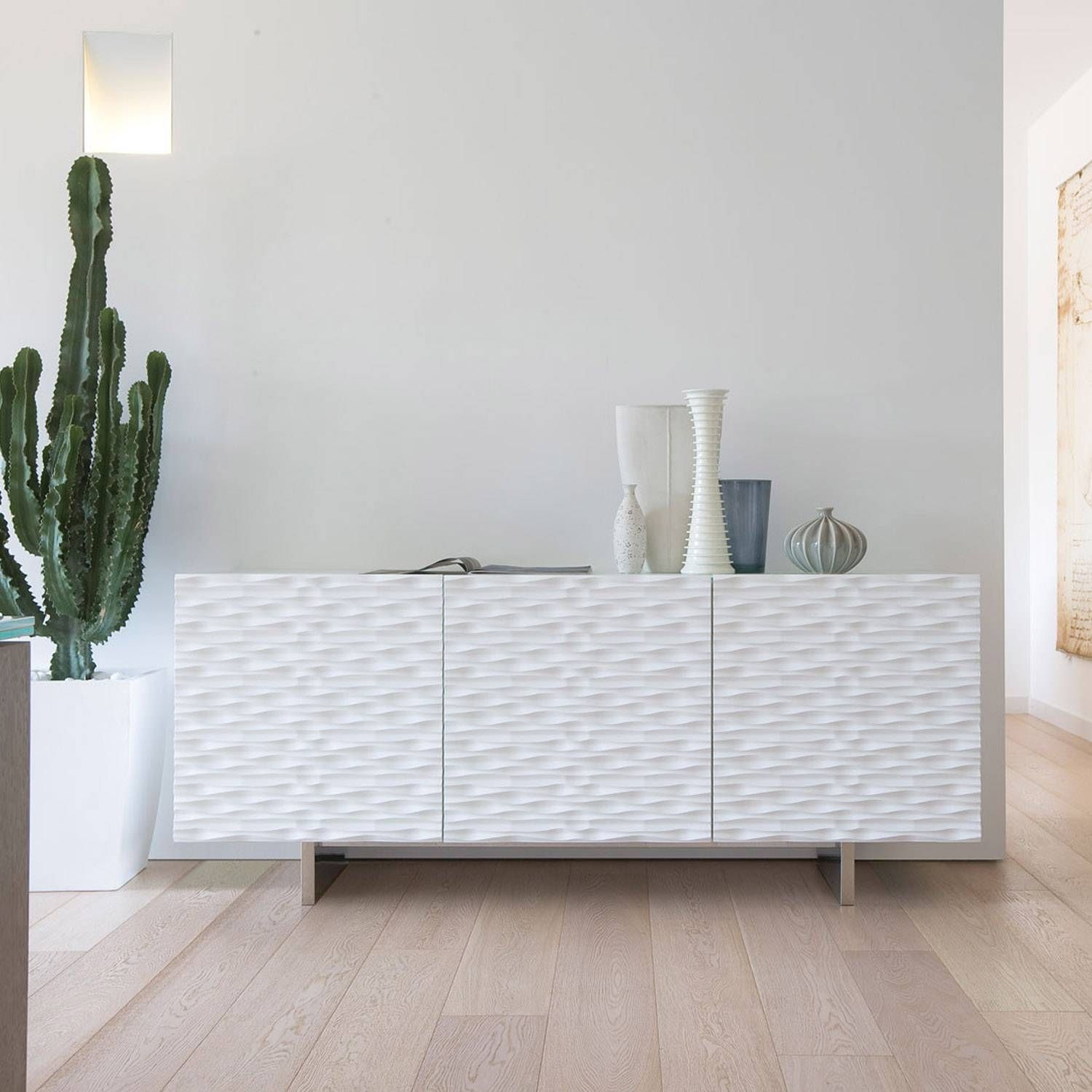 Sideboard With Laminate Or Lacquered Wooden Frame, With 3 Textured Intended For Contemporary White Sideboard (View 11 of 20)