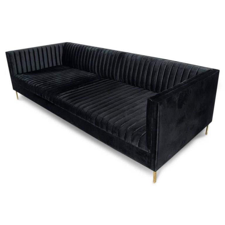 Sleek Black Velvet Sofa With Long Arm Tufting And Brass Legs For Regarding Black Velvet Sofas (View 5 of 15)