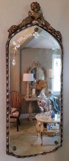 Vintage Art Deco Oval Etched & Reverse Cut Beveled Glass Mirror Pertaining To Antique Victorian Mirrors (Photo 9 of 20)