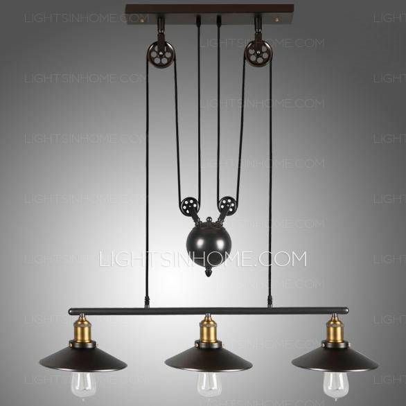 3 Light Industrial Hanging Pulley Pendant Lights Pertaining To Primitive Pendant Lighting (View 7 of 15)
