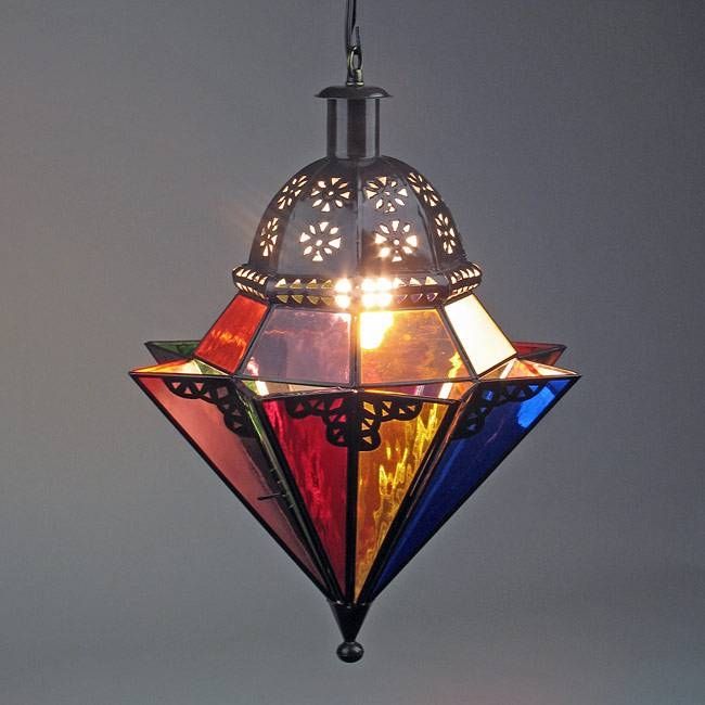 8 Point Colored Glass And Punched Tin Hanging Light Fixture Regarding Punched Tin Lighting Fixtures (Photo 5 of 15)