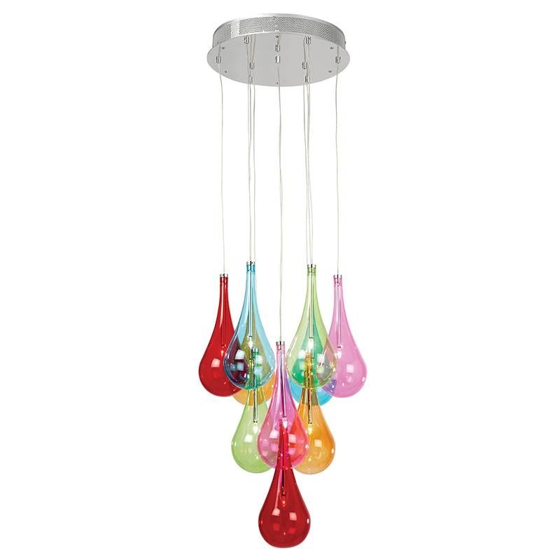 Endon 10 Light Ceiling Fitting With Raindrop Shaped Multi Coloured In Coloured Glass Lights (View 10 of 15)