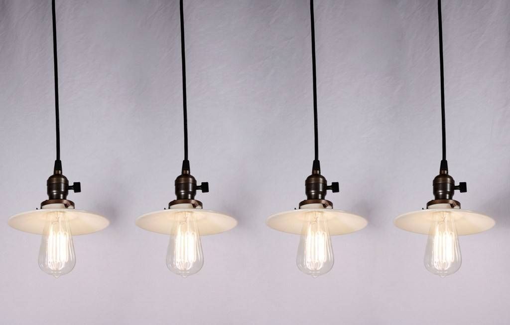 Four Matching Antique Industrial Pendant Lights With Milk Glass Within Milk Glass Pendant Lights Fixtures (Photo 5 of 15)