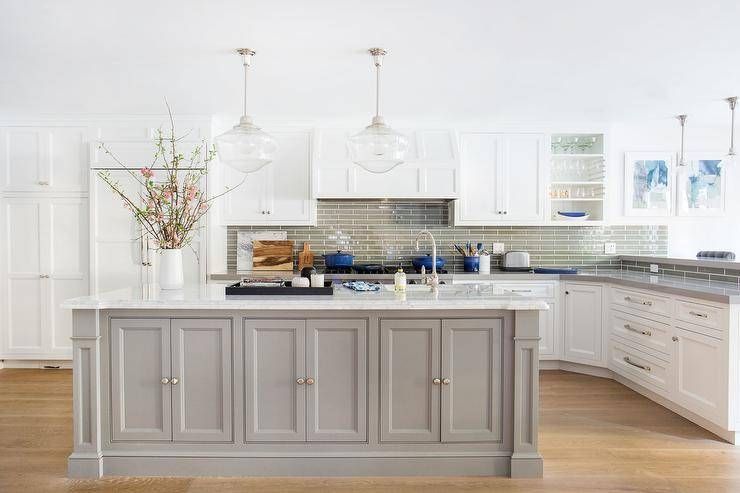 Gray Kitchen Island With Glass Schoolhouse Pendants – Transitional Inside Schoolhouse Pendant Lighting For Kitchen (View 8 of 15)