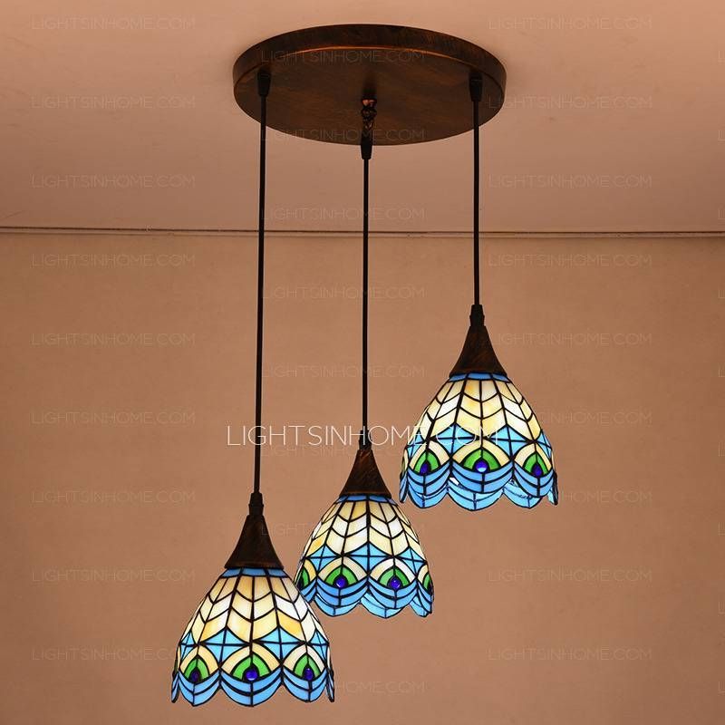 High End Peacock Pattern 3 Light Tiffany Pendant Lights With Tiffany Pendant Light Fixtures (Photo 9 of 15)