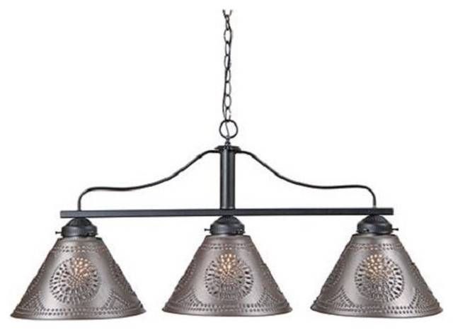 Large Wrought Iron Bar Island Light With Punched Tin Shades Regarding Wrought Iron Lights Fixtures For Kitchens (View 11 of 15)