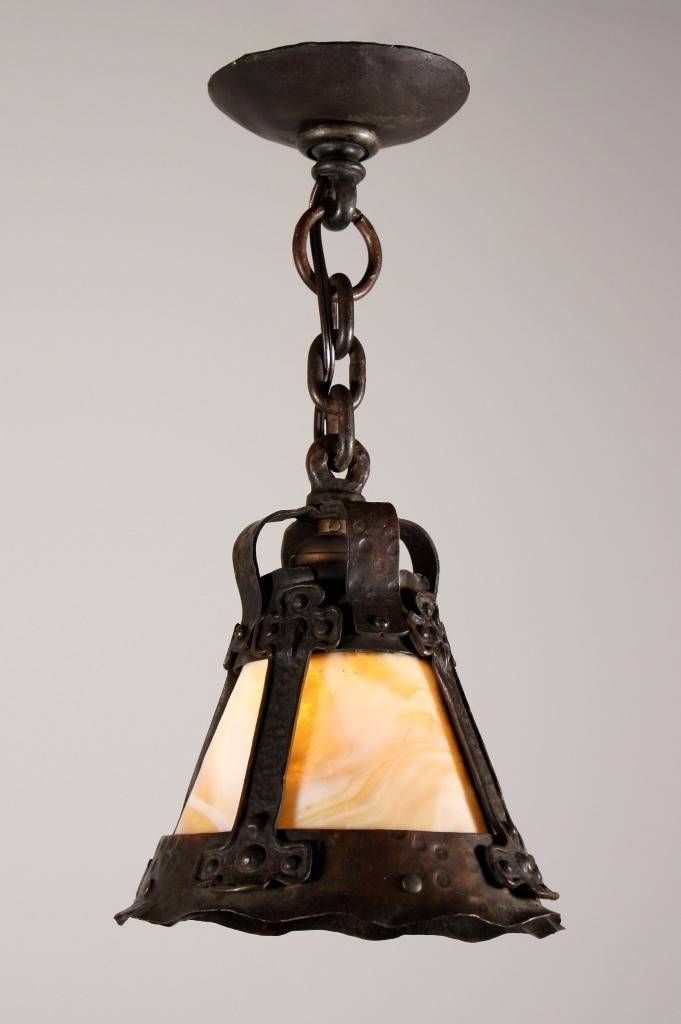 Rare Antique Arts & Crafts Pendant Light With Slag Glass, Early Within Arts And Crafts Pendant Lights (View 2 of 15)